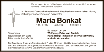 Traueranzeige von Maria Bonkat von Pegnitz-Zeitung
